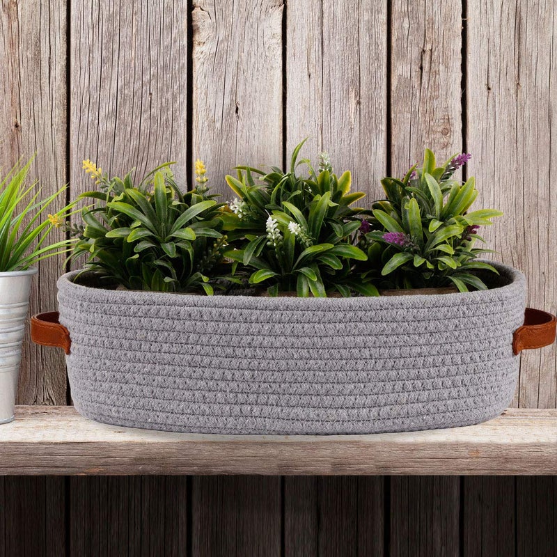 Oradrem Cotton Rope Small Woven Toilet Paper Room Storage Basket with Handles for Bathroom  13""x5.9""x4"" Gary - Image 4